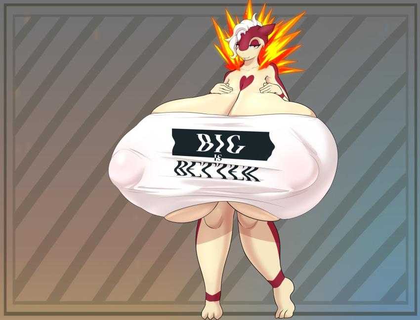 anthro big_breasts big_nipples breasts clothing english_text female fire hair heart_(marking) huge_breasts hyper hyper_breasts looking_at_viewer lysergide multicolored_body nintendo nipple_outline nipples pokemon pokemon_(species) red_eyes shiny_pokémon shirt solo text topwear two_tone_body typhlosion video_games white_hair