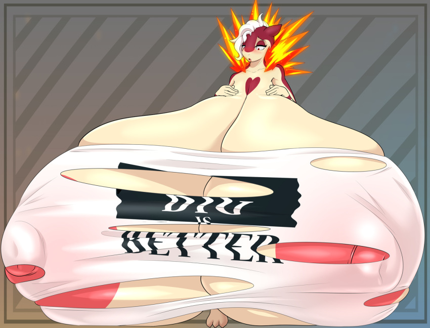 anthro areola big_breasts big_nipples blush breast_expansion breasts clothing english_text expansion female fire hair hanging_breasts heart_(marking) huge_breasts hyper hyper_breasts immobile looking_at_own_breasts looking_at_self lysergide multicolored_body nintendo nipples pokemon pokemon_(species) puffy_areola red_areola red_eyes red_nipples shirt solo text topwear torn_clothing translucent translucent_clothing two_tone_body typhlosion video_games white_hair