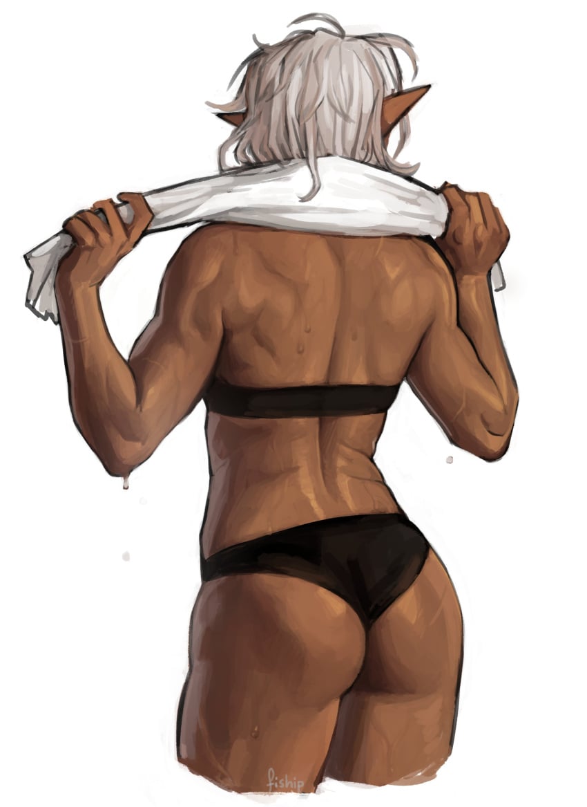 1girls ass back dark_skin fiship fit fit_female from_behind muscular olivia_(matilda_fiship) pointy_ears standing sweat underwear white_hair