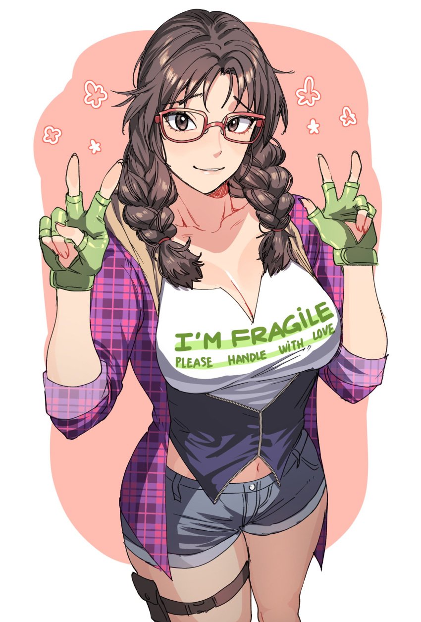 1girls breasts brown_hair cleavage clothed clothes_writing cute denim_shorts double_v female fingerless_gloves glasses hanny_(uirusu_chan) julia_chang large_breasts long_hair looking_at_viewer namco pink_shirt plaid_shirt red-framed_glasses shorts smile solo tekken tekken_7 tekken_tag_tournament_2 thigh_holster twin_braids v