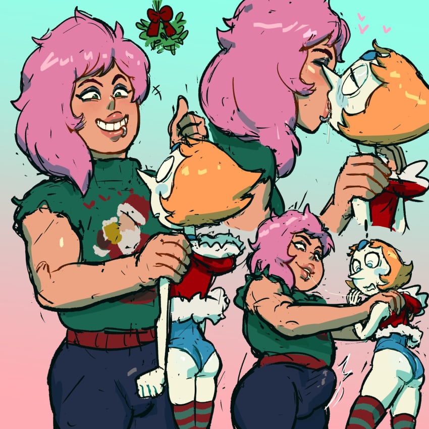 1futa 1girls ass bulge bulge_through_clothing christmas christmas_outfit clothed erection erection_under_clothing eyes_rolling_back french_kiss futanari horny kissing larger_futanari mistletoe mystery_girl_(steven_universe) pearl_(steven_universe) pears_(artist) pink_hair short_hair size_difference smaller_female smile steven_universe surprised tomboy white_skin