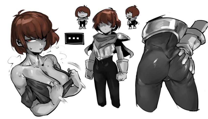 1girls androgynous armor ass ass_grab big_ass big_breasts breasts brown_hair cape chest cloak deltarune doppel female female_focus female_only female_protagonist gloves grabbing_own_ass grey_skin kris_(deltarune) kris_female_(deltarune) multiple_angles red_eyes shirt_pull shoulder_pads solo spandex sweat sweating third-party_edit twerking vessel_(deltarune) white_background