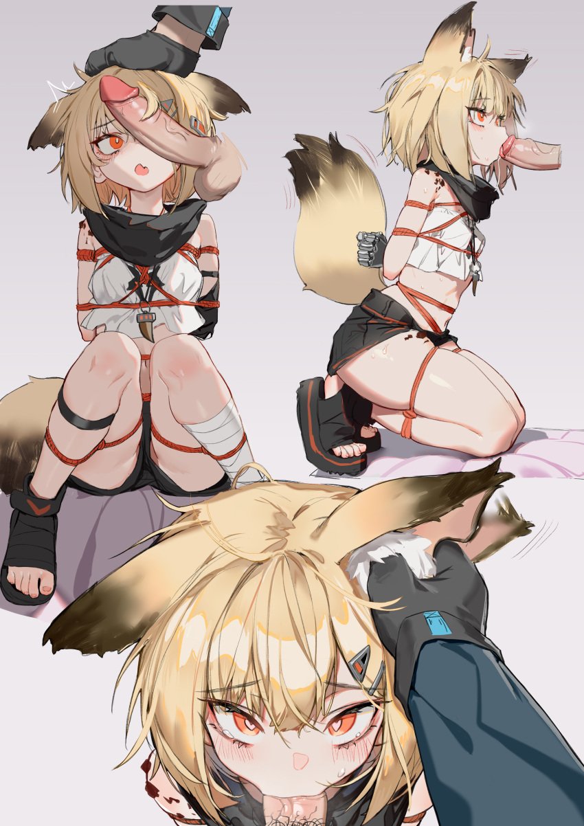 1boy 1girls absurdres animal_ear_fluff animal_ears arknights bangs black_cape blonde_hair blush bondage bound cape commission cute deep_throat deepthroat deepthroat_no_hands eye_contact eyebrows_visible_through_hair female flat_chest fox_ears full_body guangmi hair_between_eyes hair_ornament hairpin highres kneeling leg_strap looking_at_viewer male multiple_views oerba_yun_fang open_mouth oral oral_sex orange_eyes penis petite pov restrained scarf second-party_source short_hair skin_fang straight tail teenager tight_throat toeless_footwear vermeil_(arknights) young