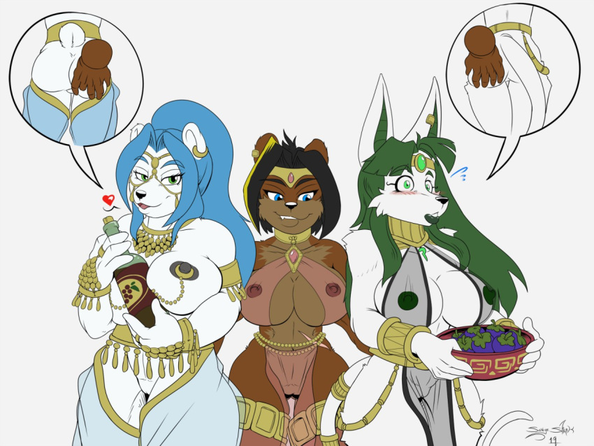 anthro ass avian black_hair blue_eyes blue_hair blush bottle breasts brown_body brown_fur butt_grab clothed clothing fangs female female/female fur genitals green_eyes green_hair group hair hand_on_butt interspecies kaydee_ackland mammal ms._cotton multicolored_body multicolored_fur navel nipple_piercing nipples open_mouth open_smile partially_clothed piercing polar_bear pussy savageshark smile tongue two_tone_body two_tone_fur ursid ursine white_body white_fur