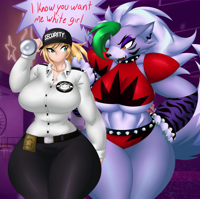 2girls animatronic anthro bbw belt big_breasts black_nose blonde_hair breasts canid canine clothed clothing collar curvaceous curvy curvy_figure dialogue ear_piercing english_text eyelashes facial_markings five_nights_at_freddy's five_nights_at_freddy's:_security_breach flashlight fur furry green_eyes green_hair grey_fur grey_hair hand_on_hip human_on_anthro kailyn legs long_hair midriff multicolored_fur multicolored_hair nightmare_waifu ponytail purple_body purple_fur purple_hair roxanne_wolf_(fnaf) scottgames security security_guard sharp_claws sharp_teeth shorts shoulder_pads spiked_collar steel_wool_studios tail text thick_thighs thunder_thighs uniform vanessa_(fnaf) video_game_character wide_hips wolf wolf_ears wolf_humanoid wolf_tail yellow_eyes