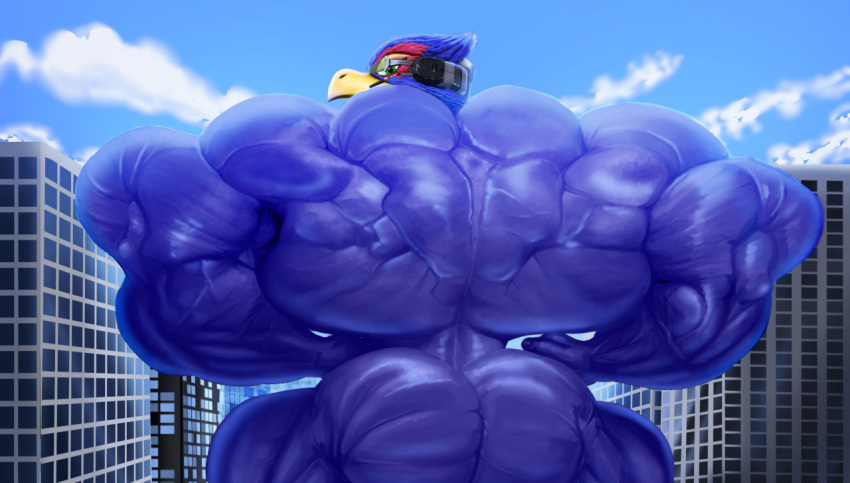 2021 anthro ass avian back_muscles beak big_muscles blue_body building city detailed_background df43_(artist) digital_drawing_(artwork) digital_media_(artwork) falco_lombardi flexing huge_muscles hyper hyper_muscles looking_at_viewer looking_back macro male muscular muscular_male nintendo nude outside rear_view solo star_fox video_games