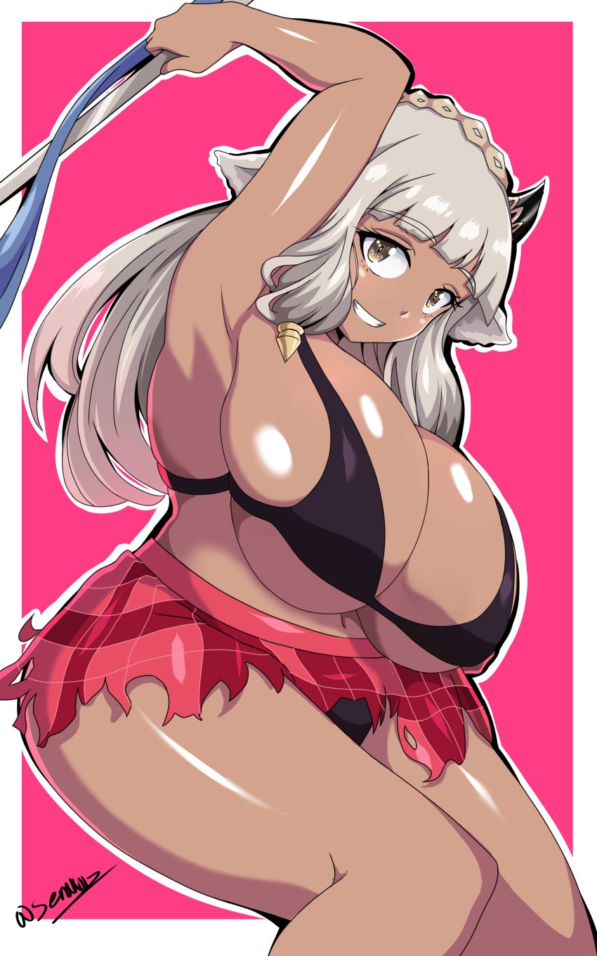 1girls armpits ash_(fire_emblem) bare_legs black_panties bra breasts brown_eyes chubby cleavage curvy dark-skinned_female dark_skin female_only fire_emblem fire_emblem_heroes grey_hair grin huge_breasts long_hair looking_at_viewer nintendo panties pantyshot pantyshot_(sitting) senak012 sideboob skindentation skirt smile solo thick_thighs torn_clothes underboob upskirt voluptuous weapon wide_hips