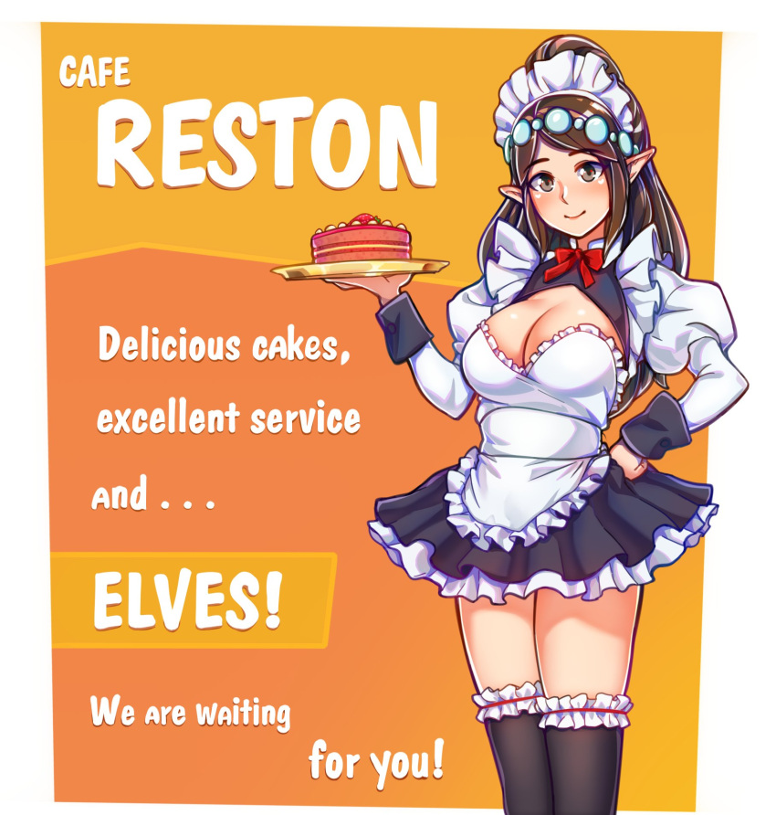 1girls advertisement big_breasts blush blushing_at_viewer breasts brown_eyes brown_hair cake cleavage elf elf_ears english_text female female_only hair_ornament ikkimay large_breasts light-skinned_female light_skin long_hair maid maid_headdress maid_uniform paladins pointy_ears poster smile smiling smiling_at_viewer solo solo_female stockings tagme text thighs ying_(paladins)