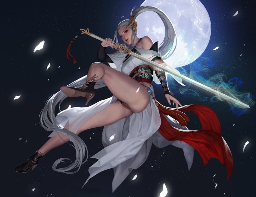 bottomless female janggun pussy pussy_lips red_eyes sword tagme tagme_(character) vagina white_hair