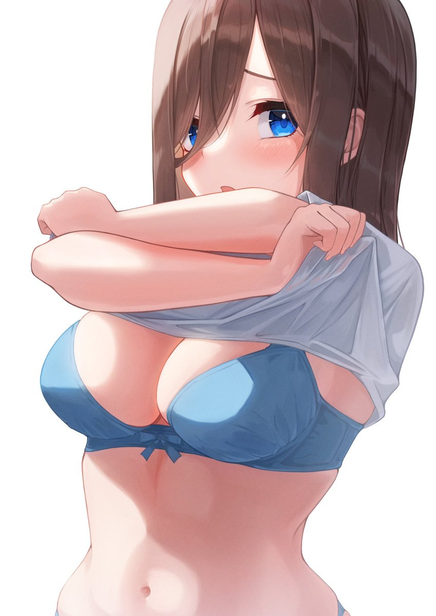 1girls bangs blue_bra blue_eyes blush bra breasts brown_hair eyebrows_visible_through_hair female female_only go-toubun_no_hanayome hair_between_eyes highres hiyoku large_breasts light-skinned_female light_skin long_hair looking_at_viewer midriff nakano_miku navel open_mouth paipan pale-skinned_female pale_skin shirt solo solo_focus underwear undressing upper_body white_shirt