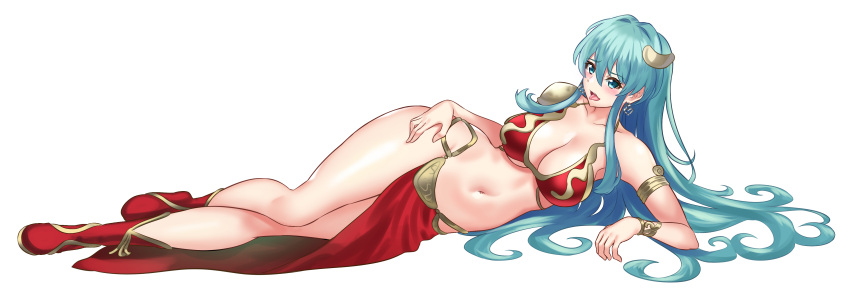 1girls absurdres armpits bangs bare_legs bare_shoulders bikini blue_eyes blue_hair blush boots breasts cleavage collarbone dancer earrings eirika_(fire_emblem) female female_only fire_emblem fire_emblem:_the_sacred_stones fire_emblem_heroes harem_outfit highres jewelry large_breasts long_hair looking_at_viewer lying nez-box nintendo on_side open_mouth pelvic_curtain pose shoes slave slave_bikini slave_collar slave_leia slave_leia_(cosplay) slave_leia_costume slave_outfit slavegirl smile solo swimsuit tongue tongue_out