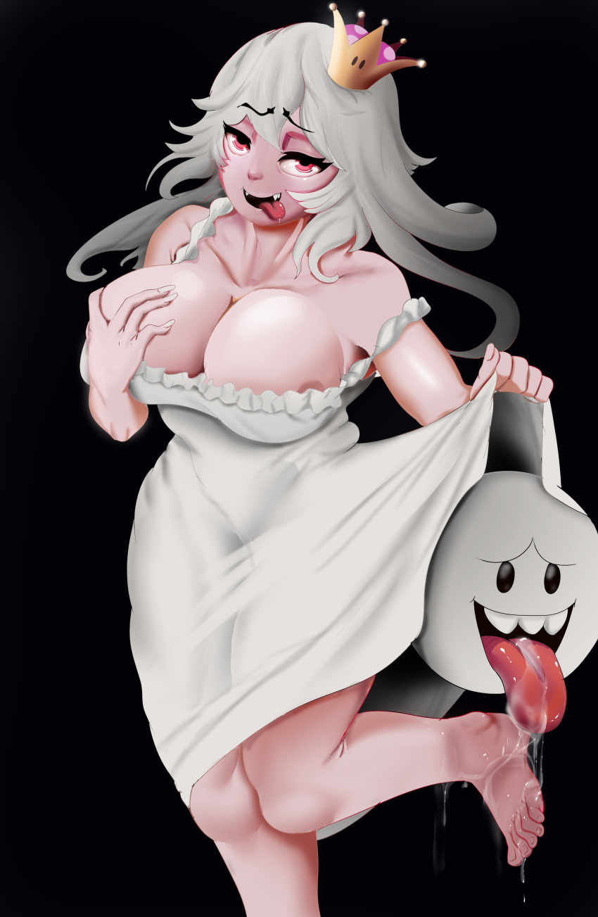 1girls areola_slip black_background boo_(mario) boosette breasts cleavage clothing colored dress_shirt feet feet_licking feet_up female female_focus licking_feet long_hair luigi's_mansion mario_(series) naughty_face new_super_mario_bros._u_deluxe red_eyes simple_background super_crown toes tongue_piercing white_hair witchvanilla