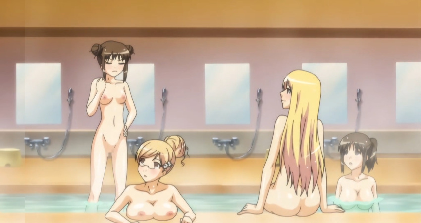 4girls alternate_hairstyle areolae big_breasts breasts brown_eyes brown_hair busty censored closed_eyes dat_ass date_wingfield_reiko double_bun fault!! female female_only glasses green_eyes hair_bun hand_on_hip highres large_breasts long_hair mosaic_censoring multiple_girls navel nipples nude ponytail pussy saeki_ai screencap screenshot sitting small_breasts stitched sugiyama_mio t-rex_(animation_studio) third-party_edit water wet