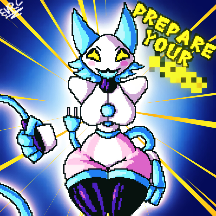 anthro anthro_only belly belly_exposed big_breasts big_hips black_socks blue_hair breasts cat_ears catgirl covered_breasts covered_nipples curvaceous curvy curvy_female curvy_females curvy_figure curvy_hips deltarune deltarune_chapter_2 detached_hand evrc exposed_stomach facing_viewer floating_hands glowing_eyes half-dressed hand_on_hip high_socks hips huge_breasts long_socks looking_at_viewer pink_fur pink_skin pixel_art skinny_waist stomach stomach_exposed tasque_manager_(deltarune) thick_hips thighhighs thin_waist undertale_(series) waist whip wide_hips