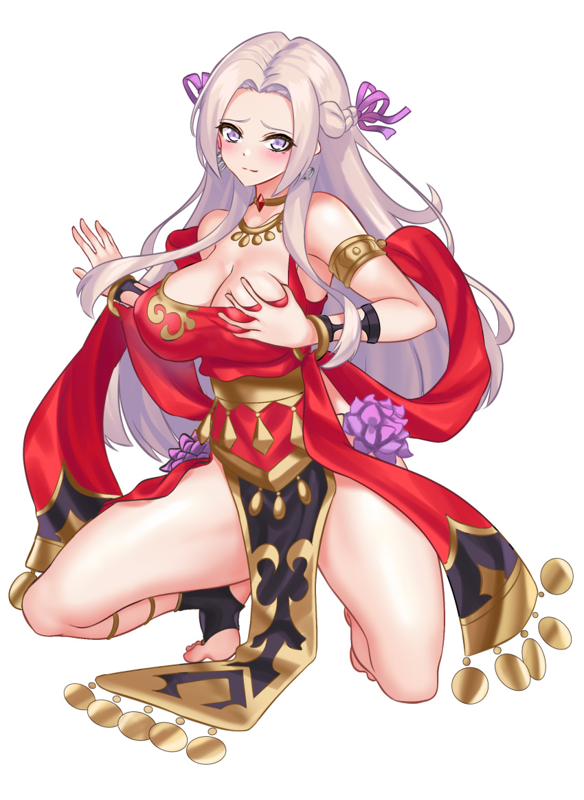 1girls absurdres alternate_costume bare_legs bare_shoulders barefoot blush braid breast_grab breasts cleavage dancer dancer_(three_houses) dancing earrings edelgard_von_hresvelg female female_only fire_emblem fire_emblem:_three_houses fire_emblem_heroes grabbing grabbing_own_breast grey_hair harem_outfit highres jewelry large_breasts long_hair looking_at_viewer nez-box nintendo pelvic_curtain purple_eyes slave smile solo squatting white_background