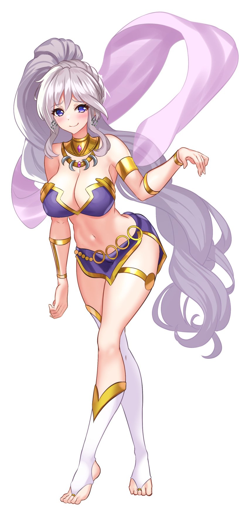 1girls absurdres alternate_costume asymmetrical_legwear bare_legs barefoot blue_eyes blush breasts cleavage dancer earrings feet female female_only fire_emblem fire_emblem:_genealogy_of_the_holy_war fire_emblem_heroes grey_hair harem_outfit highres ishtar_(fire_emblem) jewelry large_breasts long_hair looking_at_viewer navel nez-box nintendo pelvic_curtain ponytail purple_hair slave smile solo thighhighs toes veil very_long_hair white_background