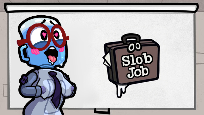 ahe_gao animate_inanimate anthro black_tie blush cum drooling facial glasses hands_on_breasts heart-shaped_pupils jackbox_games job_job logo_parody m._bubbles the_jackbox_party_pack_8 water_cooler