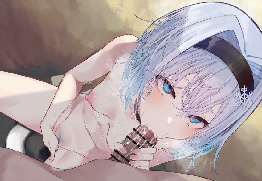 1boy bar_censor blue_eyes blush breasts censored choker completely_nude fellatio female female_masturbation female_pubic_hair hairband highres kuzuryuu_yaichi masturbating_during_fellatio masturbation navel nipples nude oral penis pubic_hair ryuuou_no_oshigoto! silver_hair sitting sora_ginko spread_legs straight suujiniku sweat toilet