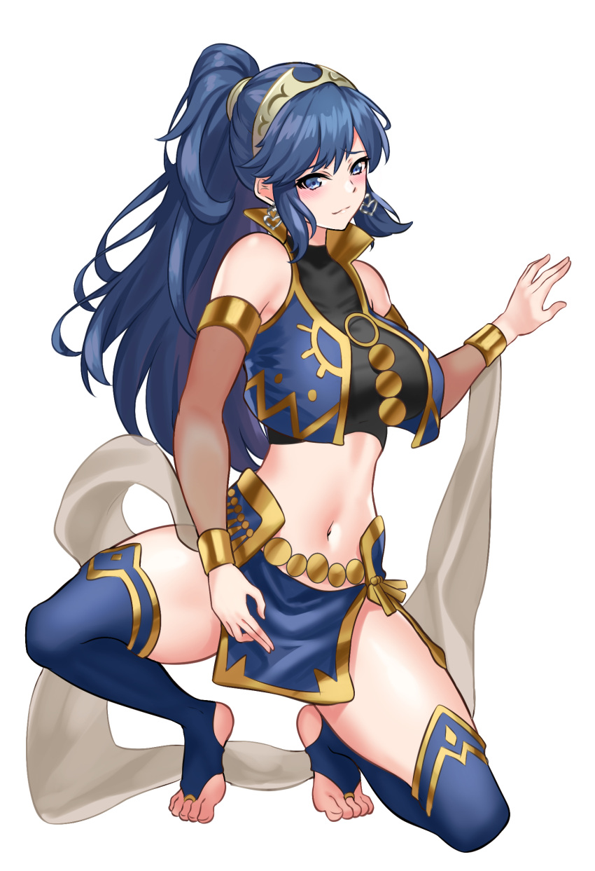 1girls alternate_costume alternate_hairstyle barefoot belly_dancer belly_dancer_outfit blue_eyes blue_hair blush breasts dancer detached_sleeves earrings female female_only fire_emblem fire_emblem_awakening fire_emblem_heroes harem_girl harem_outfit highres jewelry loincloth long_hair looking_at_viewer lucina_(fire_emblem) medium_breasts nez-box nintendo pelvic_curtain ponytail slave smile solo squatting thighhighs thighs tiara veil white_background