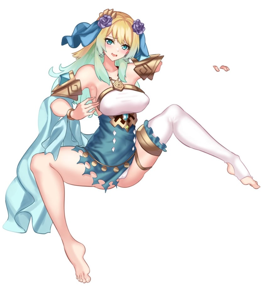 1girls alternate_costume alternate_hair_length alternate_hairstyle asymmetrical_hair bare_arms bare_legs bare_shoulders barefoot blonde_hair blue_eyes blush breasts collarbone covered_nipples dancer earrings female female_only fire_emblem fire_emblem_heroes fjorm_(fire_emblem) fjorm_(ice_ascendant)_(fire_emblem) flower hair_flower hair_ornament harem_outfit jewelry long_hair looking_at_viewer medium_breasts multicolored_hair nez-box nintendo open_mouth panties slave smile solo spread_legs underwear unfinished white_background white_panties