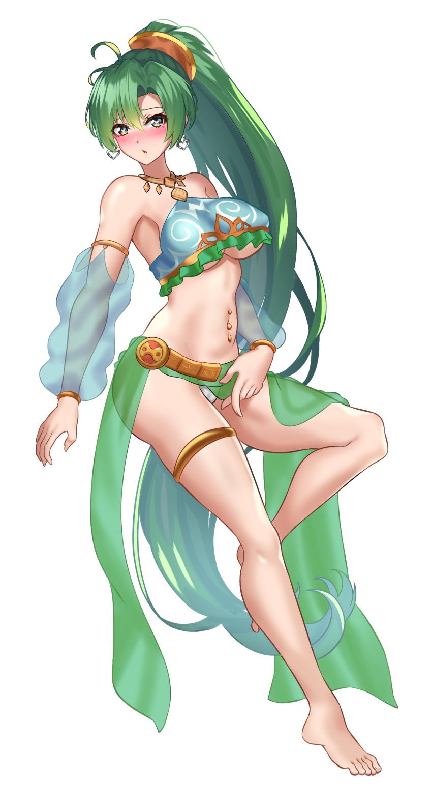 1girls absurdres alternate_costume armpits bare_legs bare_shoulders barefoot blush breasts covered_nipples dancer detached_sleeves earrings female female_only fire_emblem fire_emblem:_the_blazing_blade fire_emblem_heroes green_eyes green_hair harem_outfit heart heart-shaped_pupils highres jewelry long_hair looking_at_viewer lyn_(fire_emblem) lyndis_(fire_emblem) medium_breasts navel_piercing nez-box nintendo open_mouth panties pelvic_curtain piercing ponytail see-through slave solo symbol-shaped_pupils underboob underwear veil very_long_hair white_background white_panties