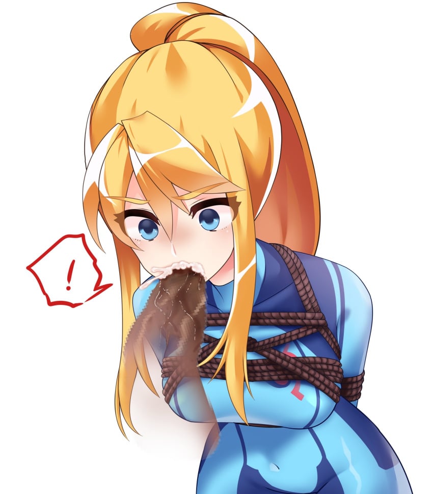 blonde_hair blowjob blue_eyes bodysuit bondage bondage_blowjob breasts censored dark-skinned_male fellatio gag gagging metroid nintendo oral penis ponytail restrained rope rope_bondage samus_aran skin_tight tied_up zero_suit zero_suit_samus