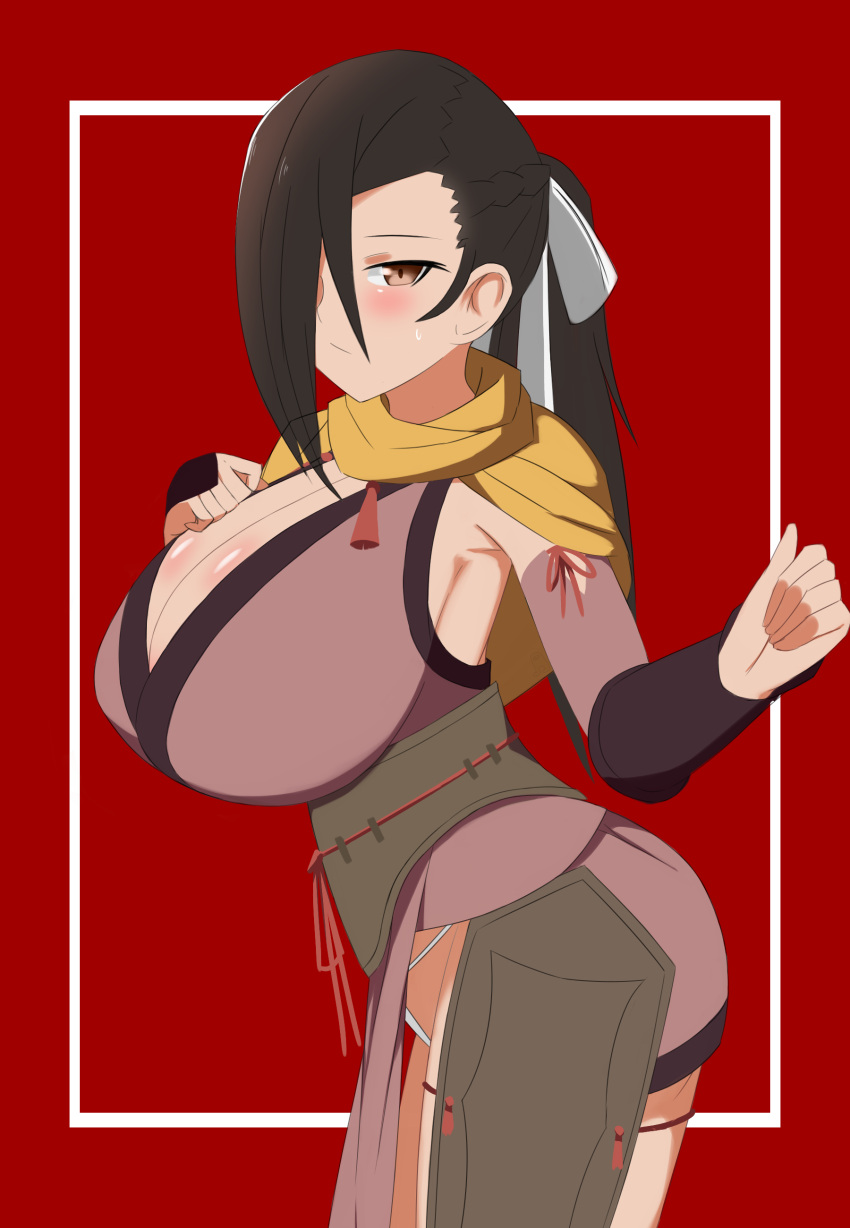 1girls armpits ass bare_thighs breasts brown_eyes brown_hair cleavage fire_emblem fire_emblem_fates hair_over_one_eye huge_breasts kagero_(fire_emblem) long_hair looking_at_viewer nintendo panties pantyshot pantyshot_(standing) pelvic_curtain pibu ponytail scarf solo thighs white_panties