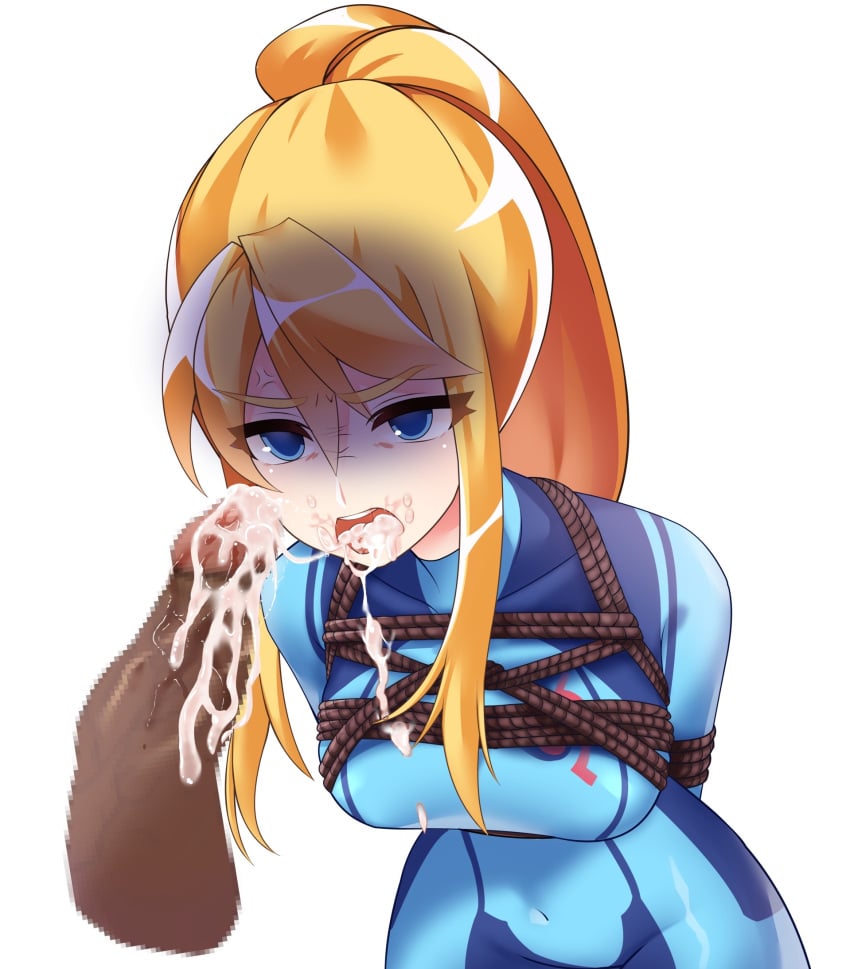 after_oral angry blonde_hair blowjob blue_eyes bodysuit bondage bondage_blowjob breasts censored cum cum_in_mouth dark-skinned_male fellatio metroid nintendo oral penis ponytail restrained rope rope_bondage samus_aran shadow skin_tight tied_up zero_suit zero_suit_samus