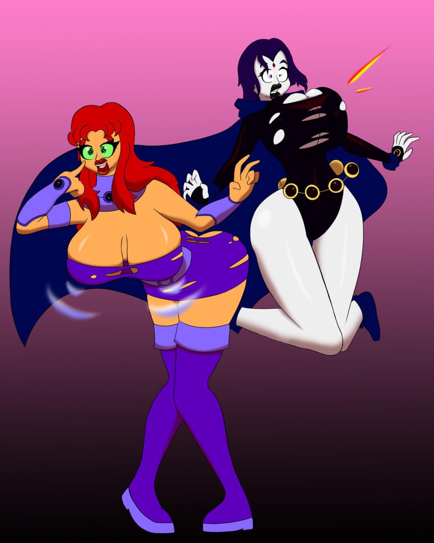 2girls alien alien_girl ass bimbo bimbofication black--wave covered_nipples dc dc_comics female female_only huge_ass huge_breasts multiple_girls navel nipples rachel_roth raven_(dc) starfire teen_titans thick_lips thick_thighs wide_hips