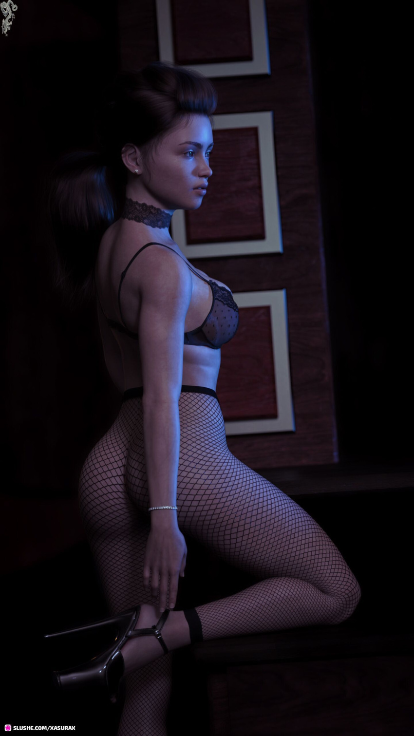 1girls 3d bra depth_of_field female female_only fishnet_pantyhose fishnets high_heels indoors karie_(xasurax) lace_choker leg_up lingerie medium_breasts one_leg_up original original_character pinup ponytail slushe_(website) solo solo_female xasurax