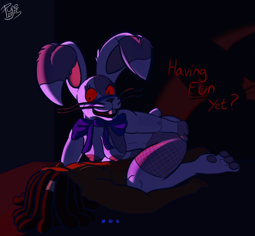 ... absurd_res anthro cowgirl_position duo english_text female five_nights_at_freddy's from_front_position hi_res human lagomorph leporid looking_down male male/female mammal on_bottom on_top pyne_(artist) questionable_consent rabbit scottgames sex simple_background text vanny_(fnaf) video_games