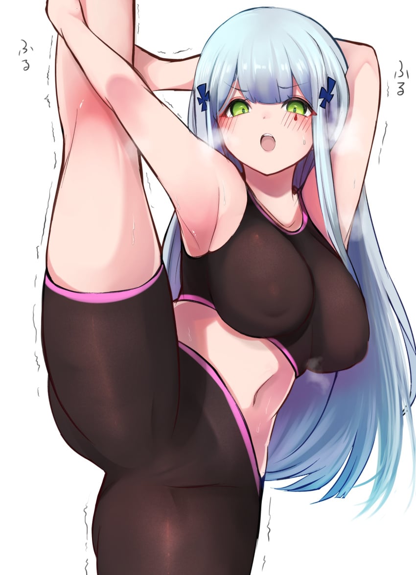 10eki_(tenchou) 416_day absurdres armpits bangs black_shorts black_sports_bra blunt_bangs blush breasts collarbone covered_nipples cowboy_shot eyebrows_visible_through_hair facial_mark female girls'_frontline green_eyes hair_ornament highres hk416_(girls'_frontline) large_breasts leg_lift leg_up light_blue_hair long_hair looking_at_viewer midriff navel open_mouth shorts simple_background solo split sports_bra sportswear standing standing_on_one_leg standing_split sweat teardrop white_background