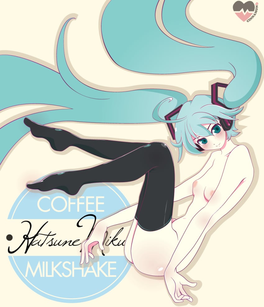 black_thighhighs blue_eyes blue_hair blush cinnamon6 english_text female hatsune_miku long_hair small_breasts smile solo thighhighs twintails very_long_hair vocaloid