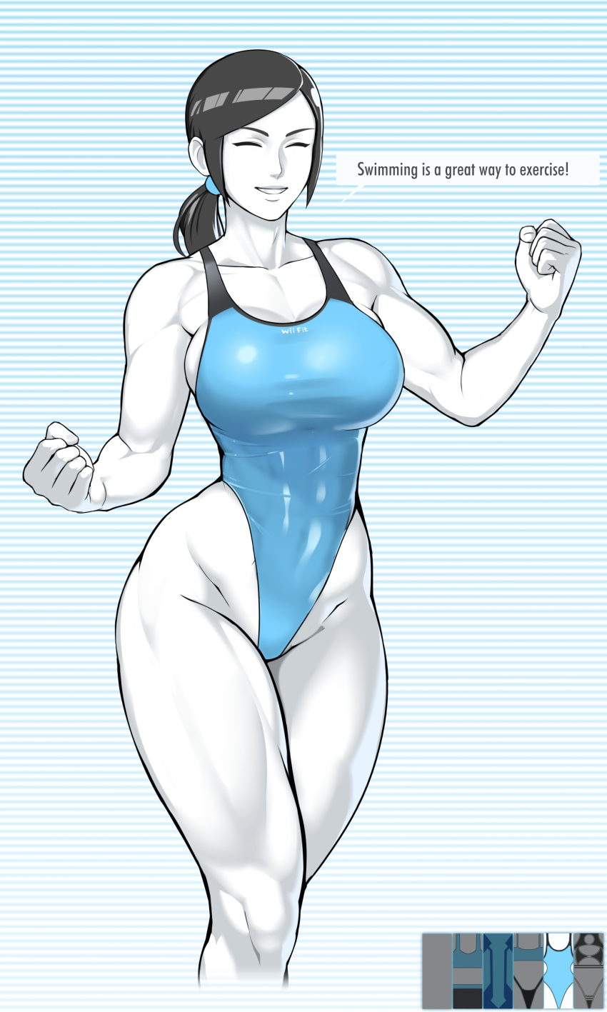 1girls alternate_version_available big_breasts black_hair blush breasts dialogue english_text female female_only gray_eyes highleg muscular_female nintendo nisetanaqa one_piece_swimsuit ponytail solo swimsuit tagme text thick_thighs thighs white_skin wii_fit wii_fit_trainer