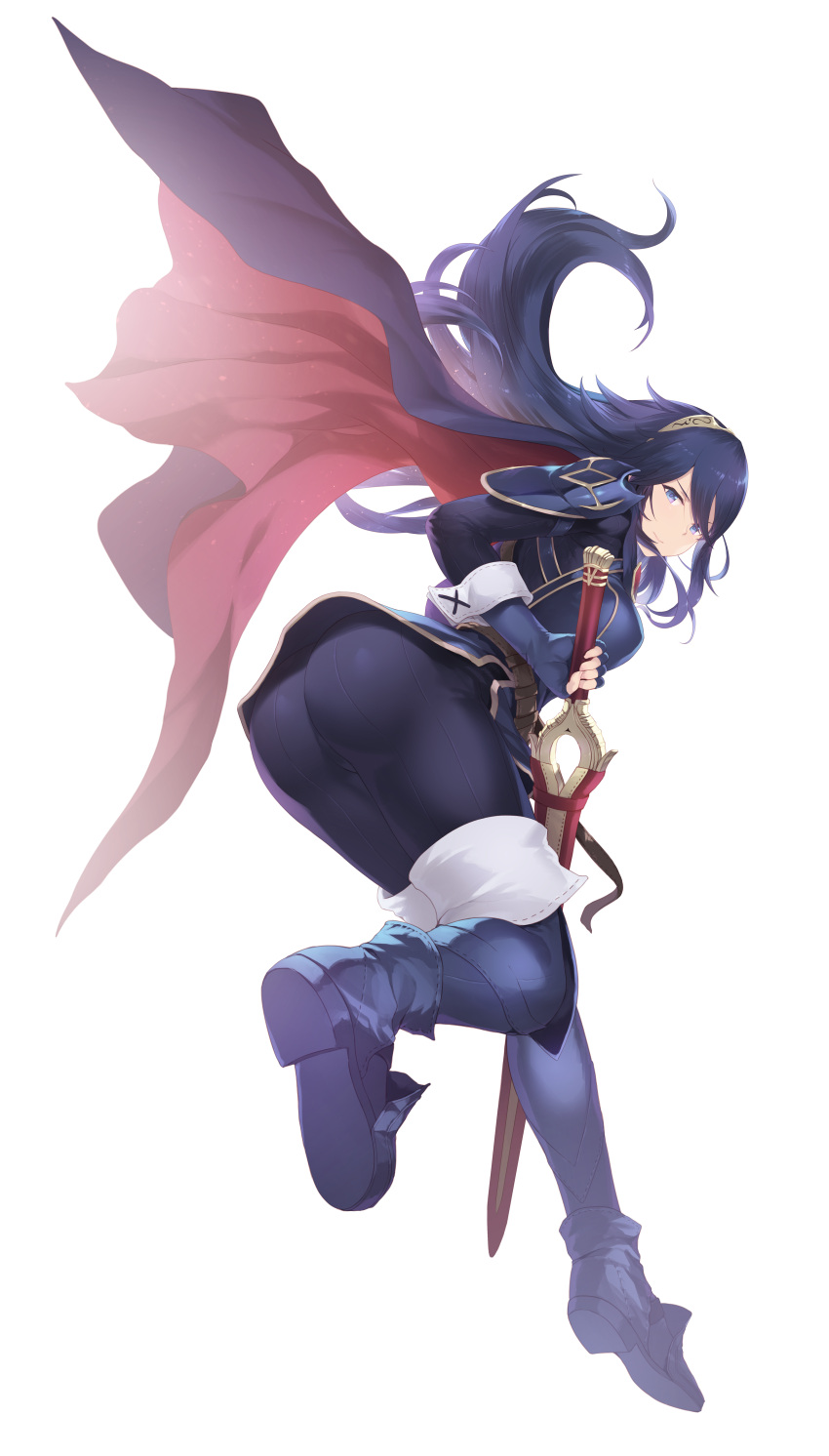 1girls absurdres alternate_version_available armor ass back_view bangs belt big_ass blue_dress blue_eyes blue_footwear blue_gloves blue_hair breasts cait cait_aron cape closed_mouth dress falchion_(fire_emblem) fat_ass female female_only fingerless_gloves fire_emblem fire_emblem_awakening fully_clothed gloves hair_between_eyes hair_ornament highres holding holding_sword holding_weapon light-skinned_female light_skin long_hair looking_at_viewer looking_back lucina_(fire_emblem) medium_breasts nintendo paid_reward patreon_reward scabbard sheathed shoulder_armor solo sword tiara weapon white_background wrist_cuffs