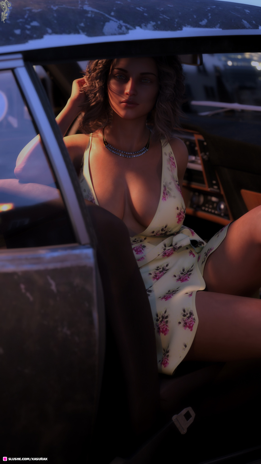 1girls 3d car clothed clothing depth_of_field dress female female_only in_car jessie_(xasurax) large_breasts looking_at_viewer original original_character pinup slushe_(website) solo solo_female white_dress xasurax