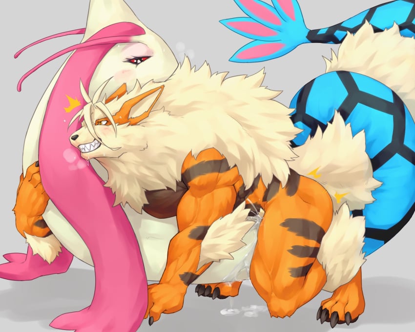 ambiguous_gender arcanine blush canid canine captainjohkid claws entwined_tails hi_res looking_pleasured male mammal milotic muscular muscular_male nintendo pokemon pokemon_(species) sex simple_background smile tail_coil video_games