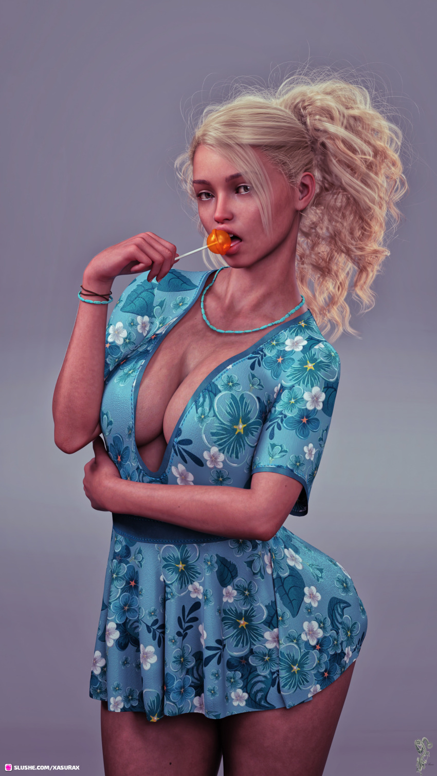 1girls 3d amie_(xasurax) blonde_hair blue_dress clothed clothing dress female female_only large_breasts lollipop looking_at_viewer original original_character pinup simple_background slushe_(website) solid_color_background solo solo_female standing xasurax