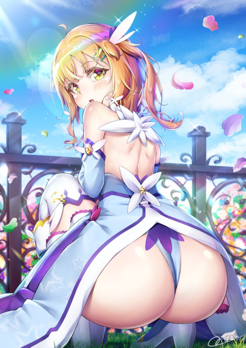 1boy ass ass_focus back backless_dress backless_outfit bangs blue_dress blue_footwear blush day dress eyebrows_visible_through_hair femboy fence grass hair_ornament high_heels highleg highleg_leotard huge_ass leotard long_hair looking_at_viewer magical_girl natsusora_wakana nobady open_mouth orange_hair original outdoors petals shiny shiny_clothes shiny_hair shiny_skin shoulder_blades signature squatting thighhighs thong_leotard trap white_legwear yellow_eyes