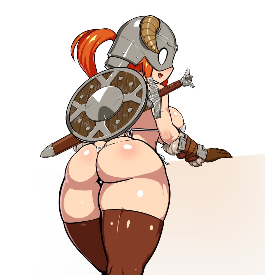 1girls alternate_version_available ass ass_cleavage big_ass big_breasts bikini blush breasts butt_crack dovakini female female_only helmet nisetanaqa orange_hair shield simple_background skyrim sword tagme thick_thighs thighhighs