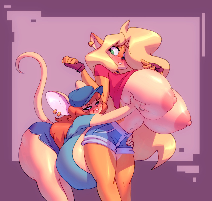 2022 2girls activision anthro anthro_on_anthro bandicoot big_breasts bigdad blonde_hair bottomwear breasts character_request clothed clothing crash_(series) female female/female female_only fingerless_gloves green_eyes hair hi_res huge_breasts long_hair mammal marsupial mouse multiple_girls murid murine original original_character raised_clothing raised_shirt raised_topwear rodent shirt shorts tawna_bandicoot topwear video_games yuri