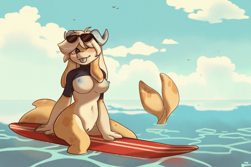 anthro big_breasts breasts breasts_out cetacean clothed clothing delphinoid digital_media_(artwork) exposed_breasts eyewear eyewear_on_head female fin furry genitals hair hi_res horn long_tail mammal marine merlinmakes nami_(teranen) nipples partially_clothed pussy sea solo sunglasses sunglasses_on_head surfboard surfer tail tongue tongue_out toothed_whale water