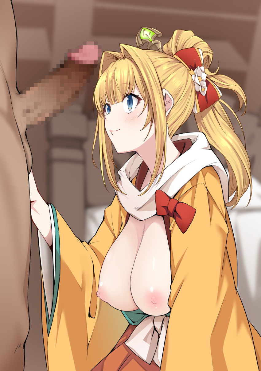 1boy 1girls absurdres baicha bangs bed blonde_hair breasts breasts_out censored dark-skinned_male dark_skin female granblue_fantasy green_eyes hair_intakes hair_ribbon highres interracial japanese_clothes kimono large_breasts light-skinned_female light_skin mirin_(granblue_fantasy) nipples obi open_clothes open_robe penis ponytail ribbon robe sash scarf smile