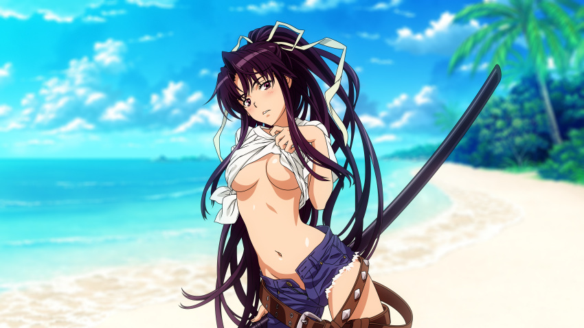 1girls beach big_breasts blush breasts busty clothes_lift denim highres jeans kanzaki_kaori large_breasts long_hair midriff navel no_bra official_art pants ponytail pose purple_eyes purple_hair seductive shirt shirt_lift sword teasing thighhighs thighs third-party_edit tied_shirt to_aru_majutsu_no_index underboob unzipped very_long_hair weapon