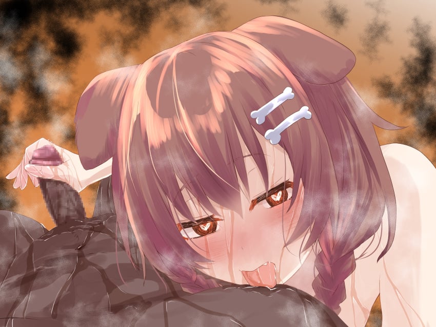 1boy 1girls animal_ears blush bone_hair_ornament braid brown_eyes brown_hair censored dark-skinned_male dark_skin dog_ears dog_girl eyebrows_visible_through_hair female hair_ornament handjob happa_freee heart heart-shaped_pupils highres hololive hololive_gamers hololive_japan interracial inugami_korone leaff licking licking_nipple light-skinned_female light_skin mosaic_censoring open_mouth penis saliva straight symbol-shaped_pupils tongue tongue_out twin_braids virtual_youtuber