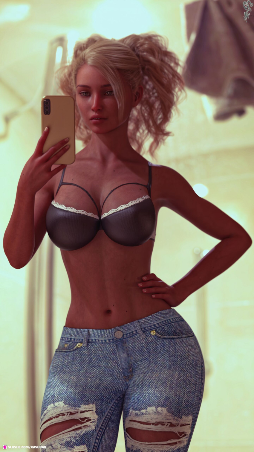 1girls 3d amie_(xasurax) blonde_hair bra depth_of_field female female_only hand_on_hip huge_breasts jean_shorts original original_character pinup slushe_(website) smartphone solo solo_female standing xasurax