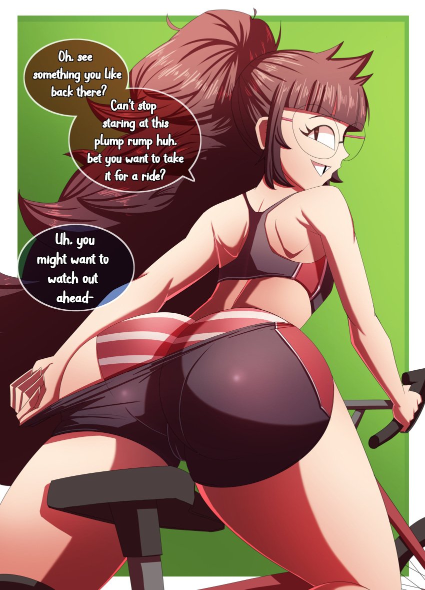 1girls 2022 5_fingers ass bicycle big_ass brown_hair dialogue english_text eyewear female glasses horny horny_female light-skinned_female light_skin long_hair looking_at_viewer looking_back original_character panties pov pov_eye_contact pov_male pulling_down_pants shimapan simple_background solo solo_female speech speech_bubble striped_panties teasing teasing_viewer techstylesart text text_bubble tied_hair tottie_(gats) underwear workout_clothes