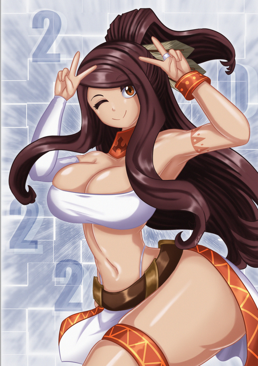 1girls brown_hair cleavage fenrox hazel_eyes huge_breasts long_hair looking_at_viewer one_sleeve_off original_character peace_sign sarong thick_thighs tubetop wink