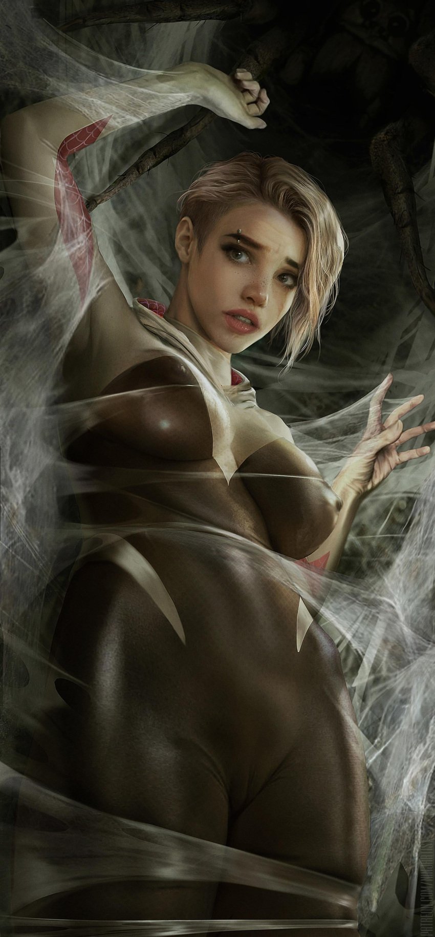 1girls big_breasts blonde_hair blue_eyes breasts cameltoe clothing dirty disney erect_nipples erect_nipples_under_clothes eyebrow_piercing female female_only femsub gwen_stacy highres marvel ninjartist nipple_bulge piercing realistic restrained shaved_side short_hair spider spider-gwen spider-man:_into_the_spider-verse spider-man_(series) tight_clothing torn_clothes web web_bondage wide_hips worried