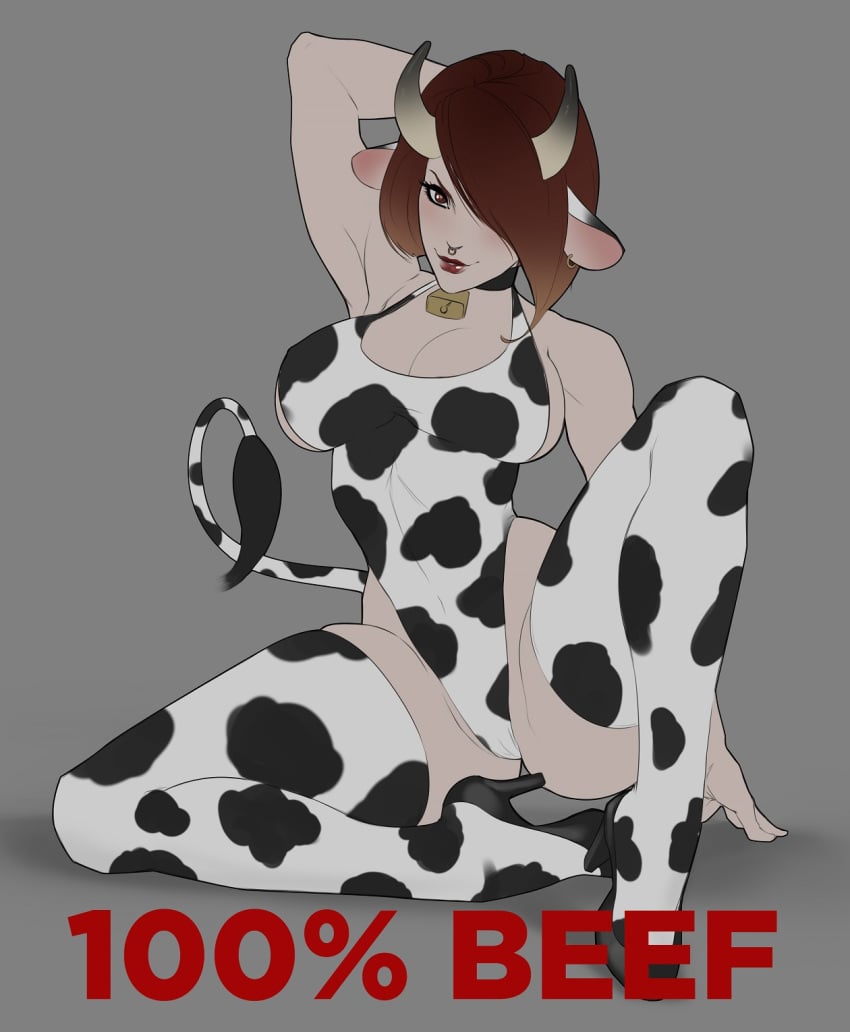 bell_collar cleavage cow_ears cow_girl cow_horns cow_print cow_print_leotard cow_print_thighhighs cow_tail cowgirl hair_over_one_eye high_heels hucow huge_breasts looking_at_viewer mrgunnart nose_piercing original original_character seductive slave slave_collar slavegirl voluptuous